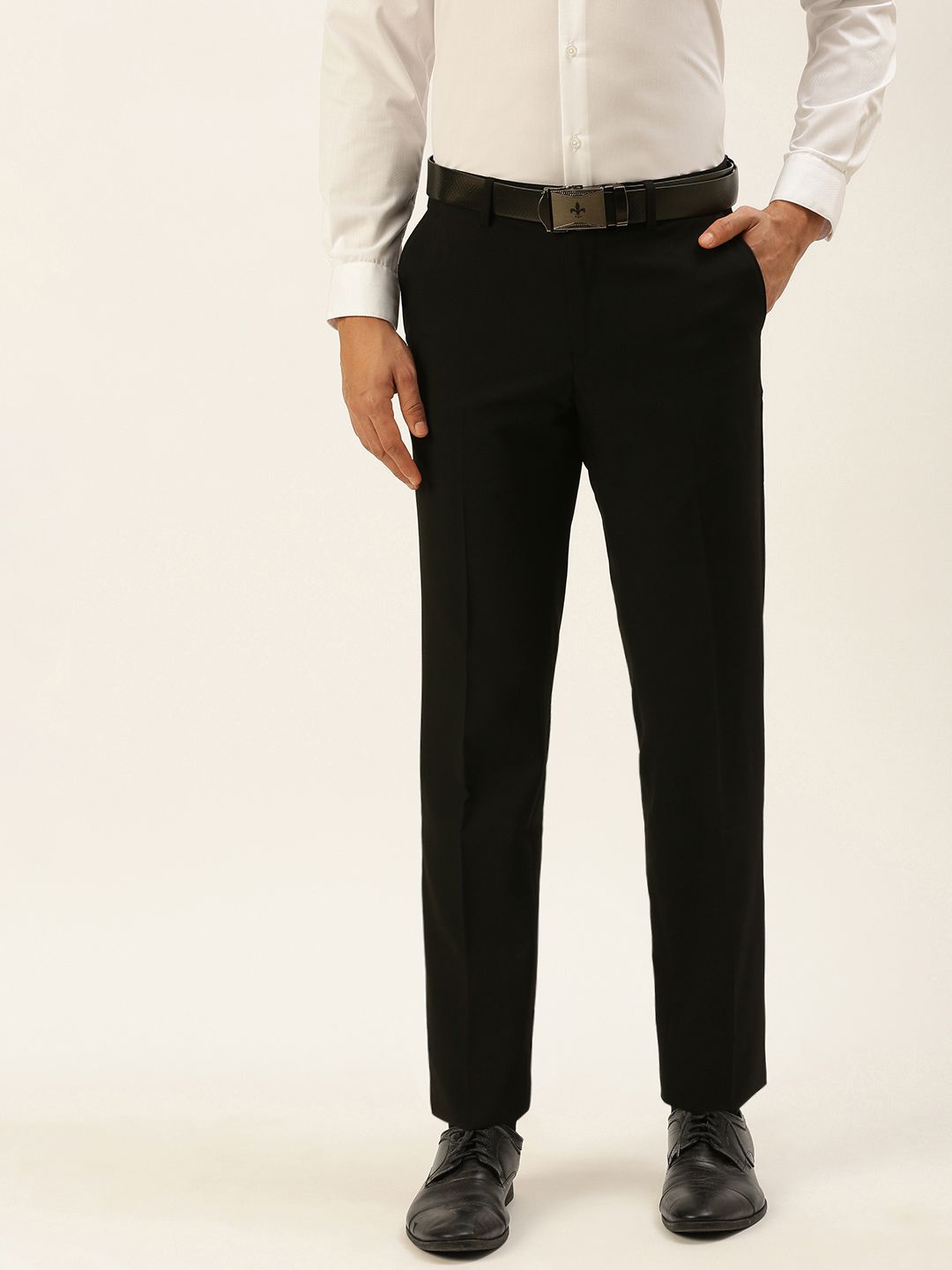 Peter England Men Black Textured Slim Fit Formal Trousers-picture-11