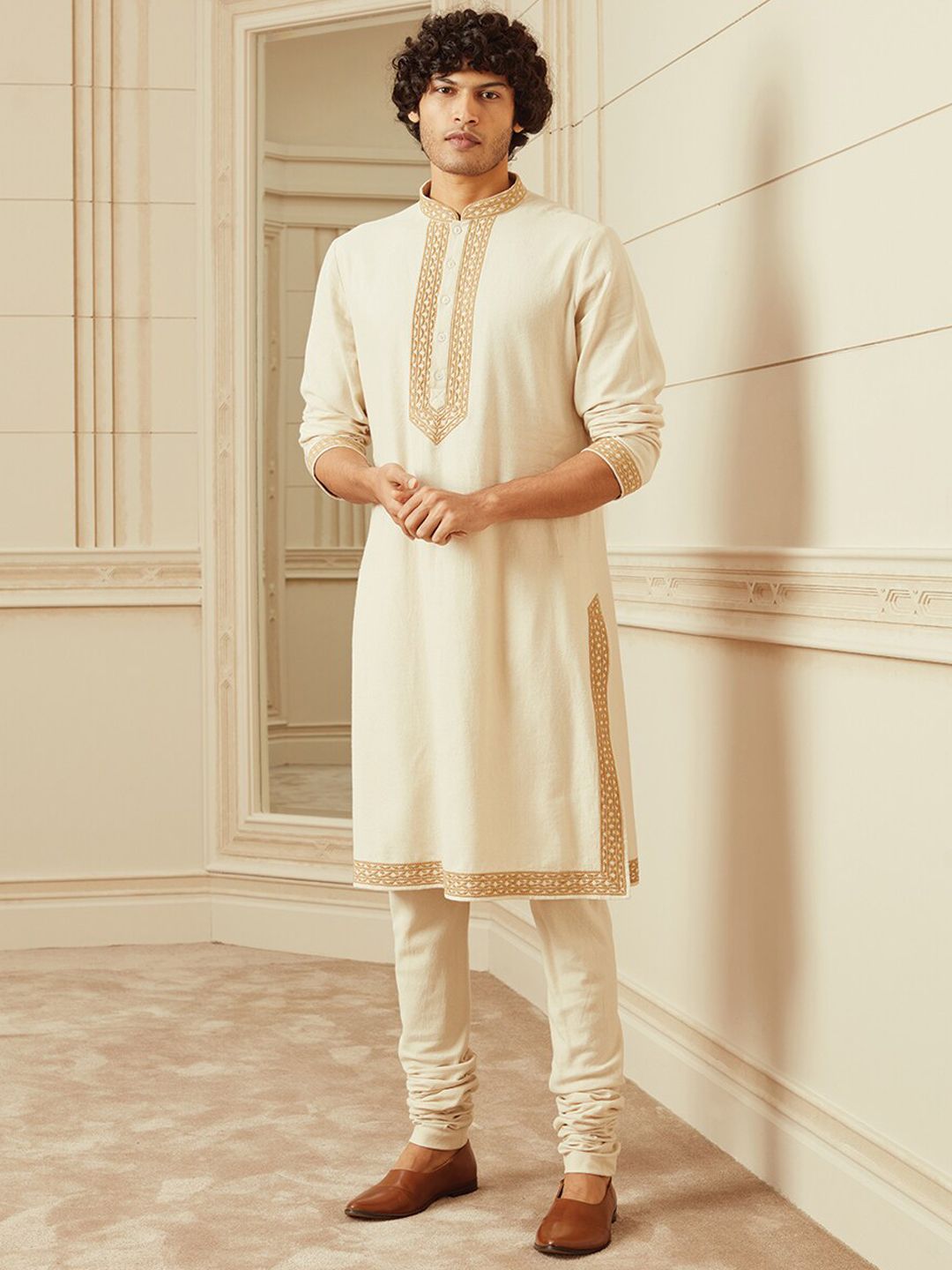 Tasva Men Beige Yoke Design Pure Cotton Kurta with Churidar