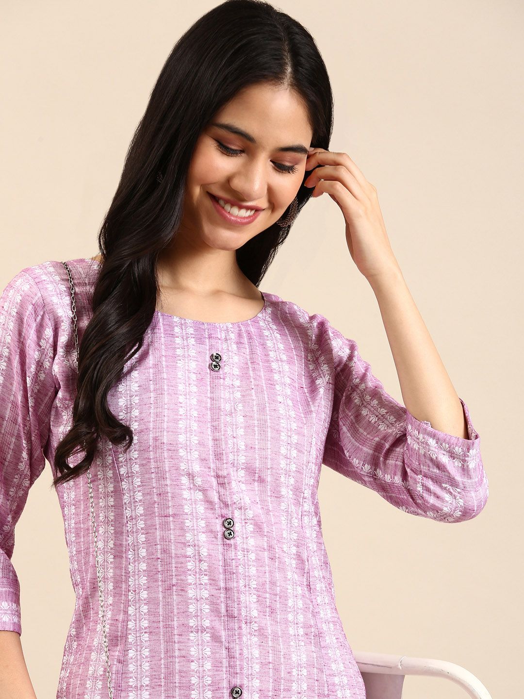 SHOWOFFFF Women Purple Woven Design Knee Length Straight Kurta-picture-11
