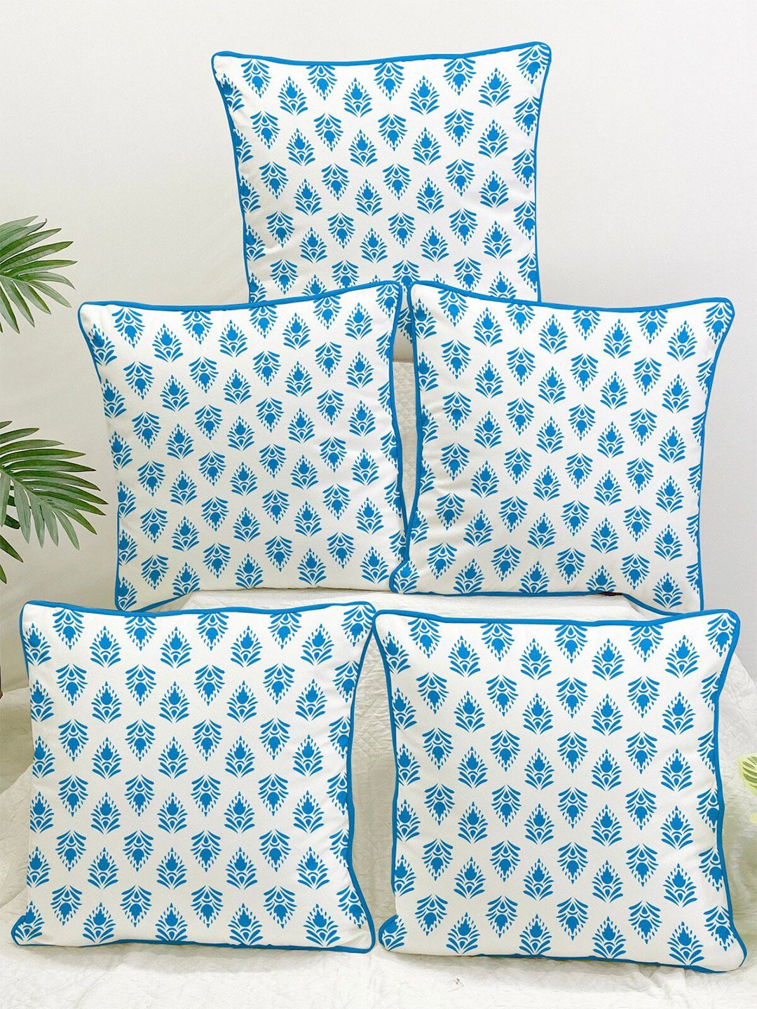 STITCHNEST Set of 5 Blue & White Cotton Canvas Cushion Cover-picture-28