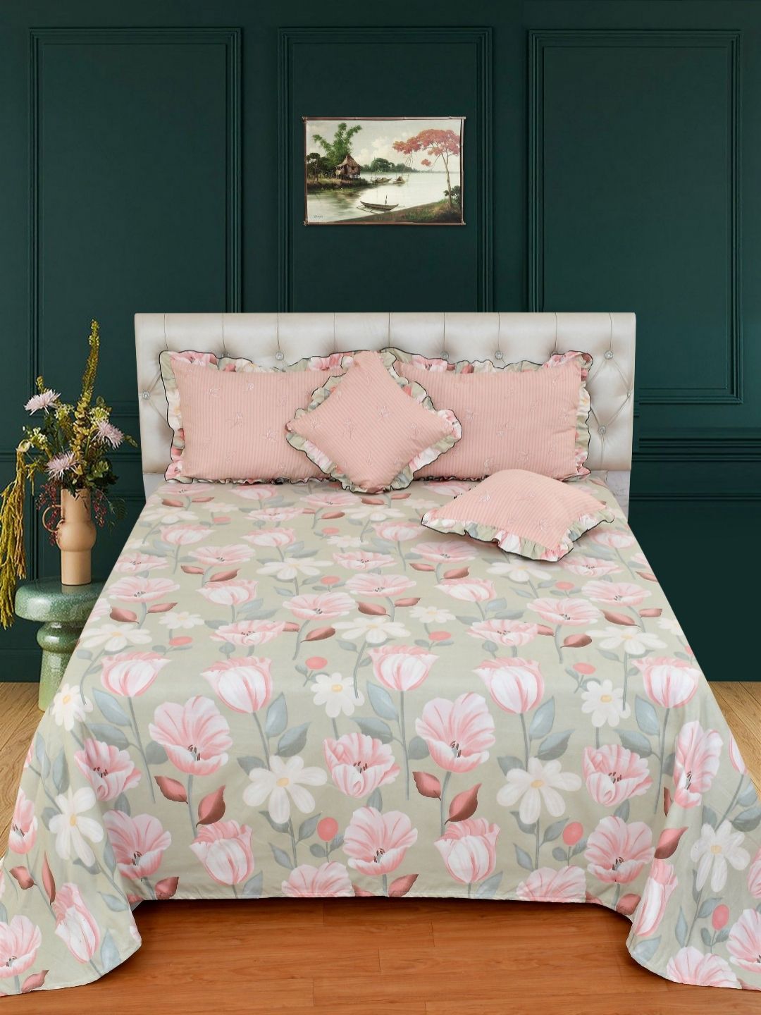 BREVARD Peach-Coloured Floral Cotton 5 Piece Double King Regular Bedding Set-image-38