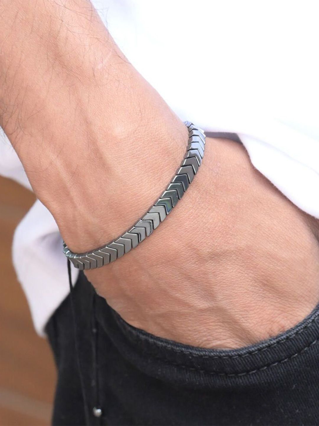 PALMONAS Men Silver-Plated Stainless Steel Onyx Arrow Wraparound Bracelet-picture-15