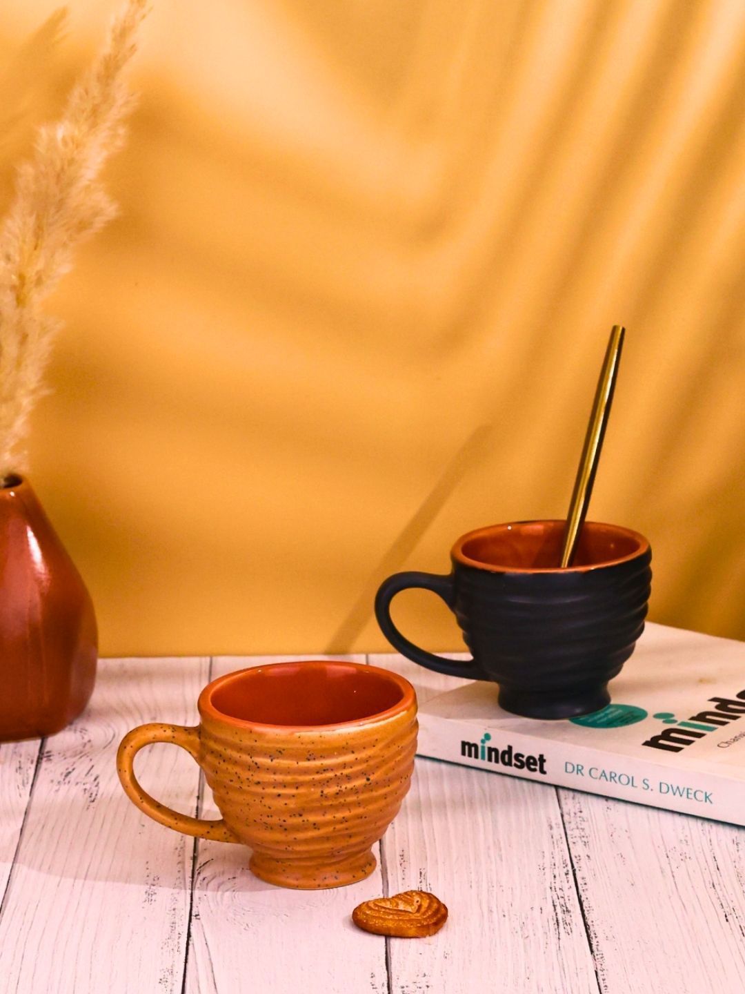 WEAVING HOMES Brown & Navy Blue Textured Ceramic Glossy Cups Set of Cups and Mugs-picture-34
