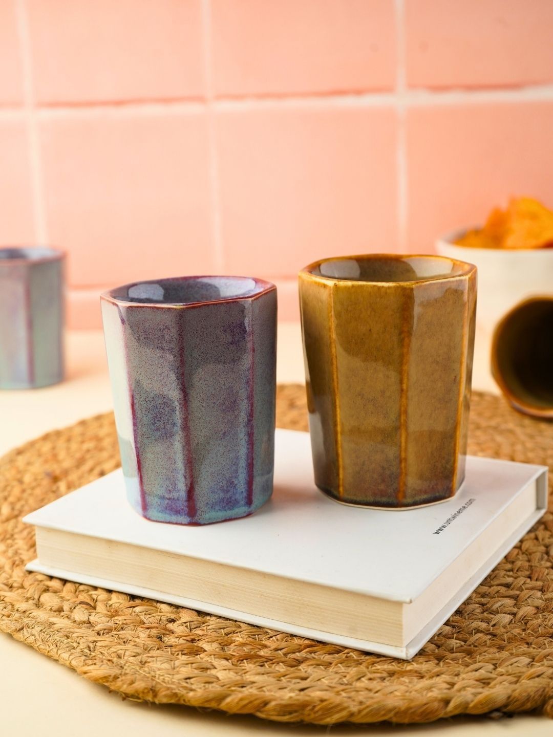 WEAVING HOMES Blue & Mustard Textured Ceramic Glossy Mugs Set of Cups and Mugs-picture-36