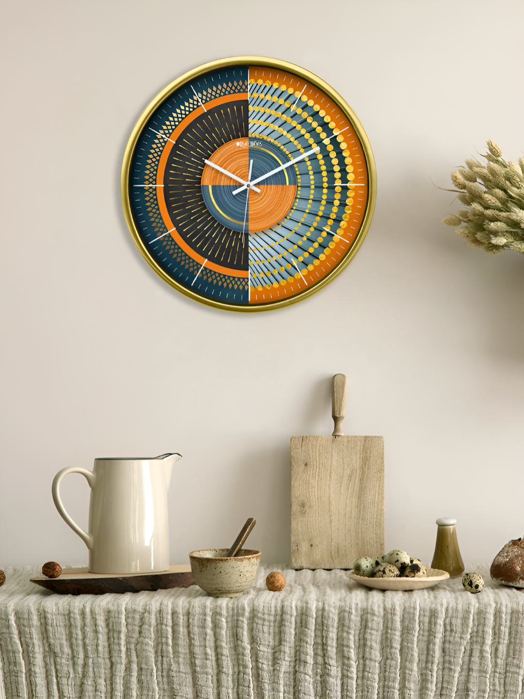 OLIVE TREE Gold-Toned & Orange Printed Contemporary Wall Clock