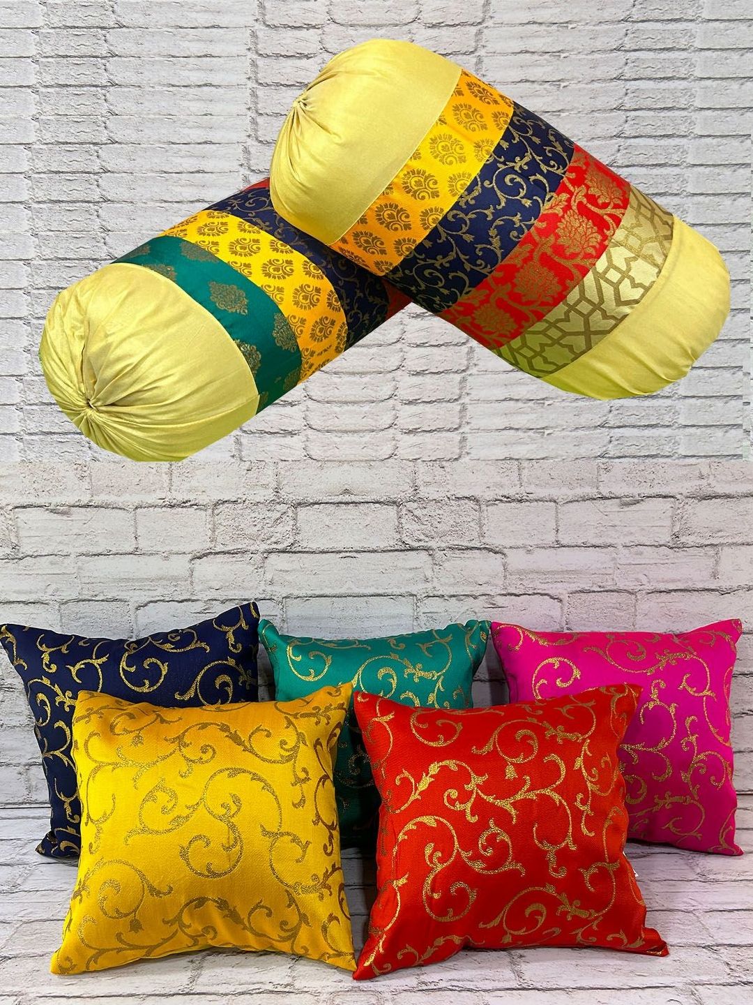 Pink Parrot Yellow & Red Set of 7 Ethnic Motifs Square Cushion Covers-picture-32