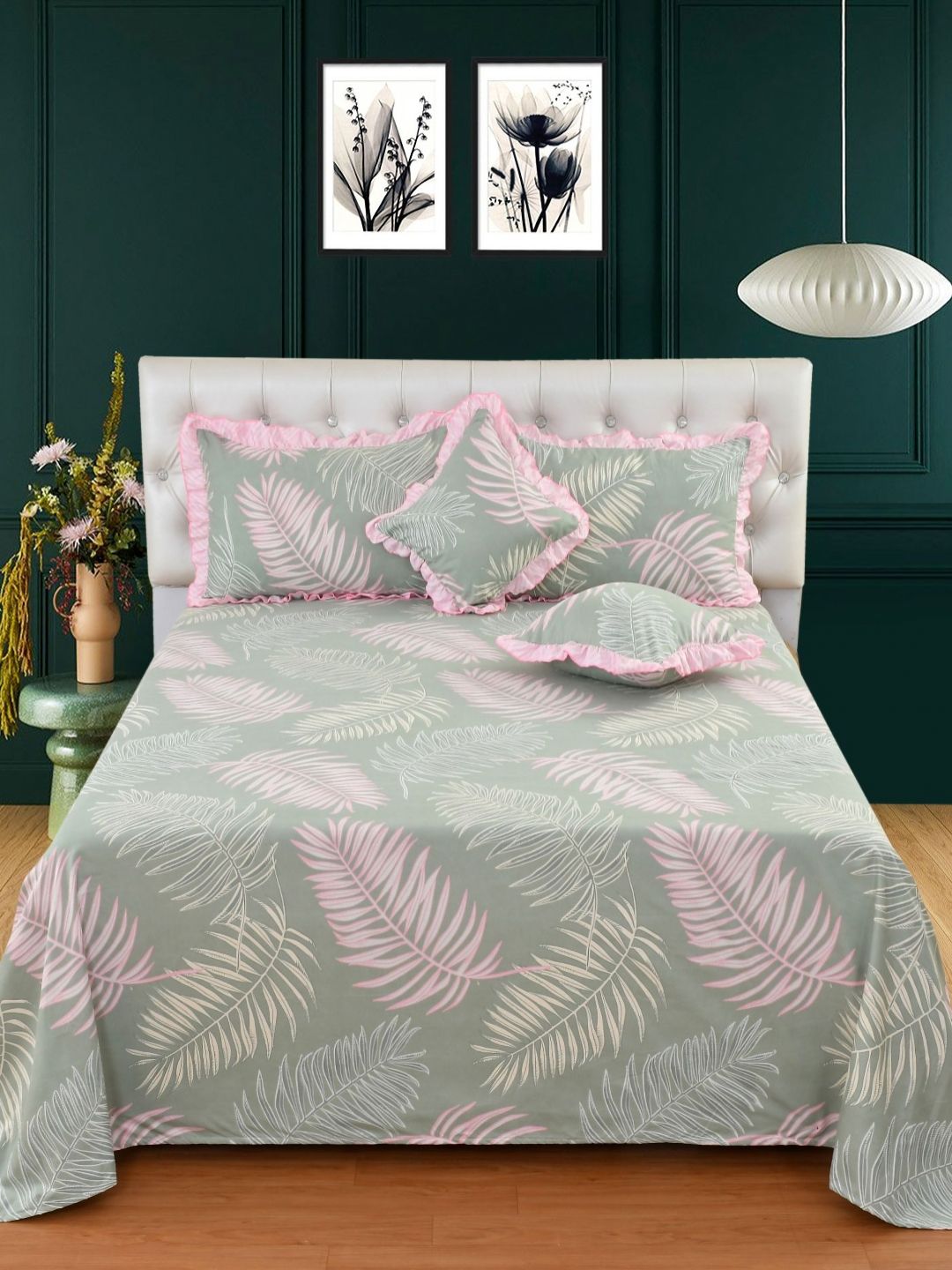 BREVARD Green & Pink Flroal Printed Cotton Fine Double King Bedding Set-image-35