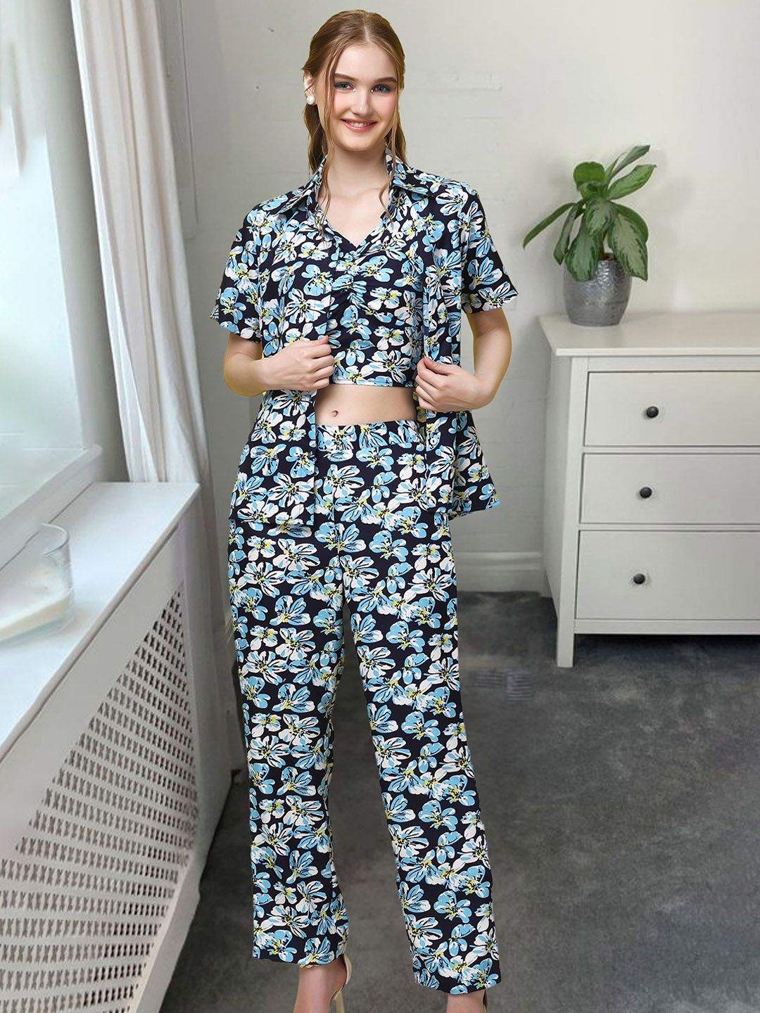 Popwings Floral Printed Crop Top Shirt & Trouser Co-Ords-picture-24