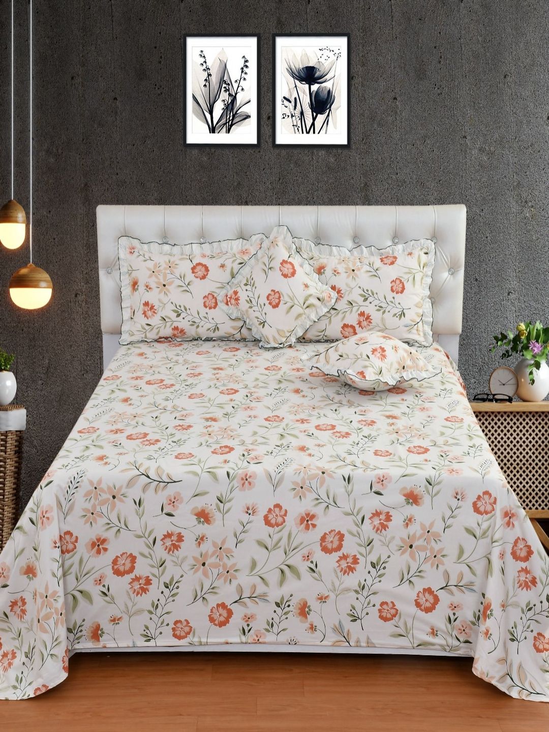BREVARD White & Beige Floral Printed Cotton Fine Double King Bedding Set-image-37