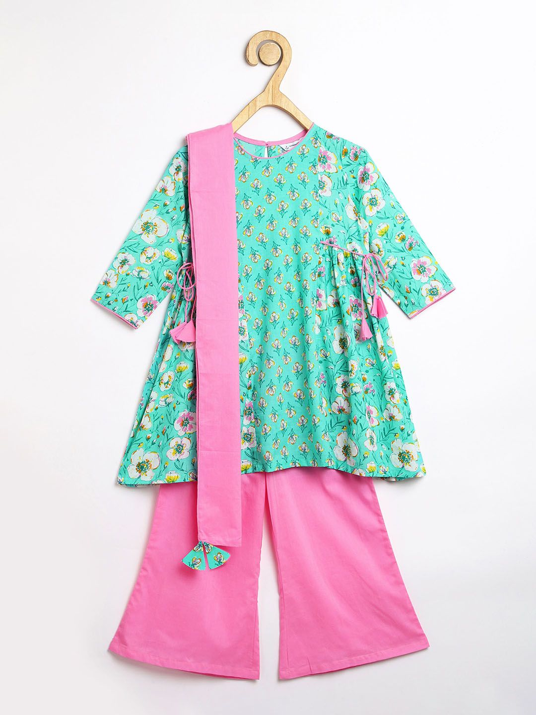 Campana Girls Floral Printed Panelled Pure Cotton Kurti with Palazzos & With Dupatta-picture-28