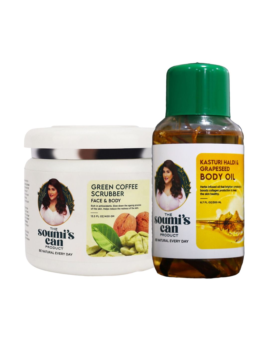 THE SOUMI'S CAN PRODUCT Green Coffee Scrubber Kasturi Haldi & Grapeseed Body Oil- 600ML