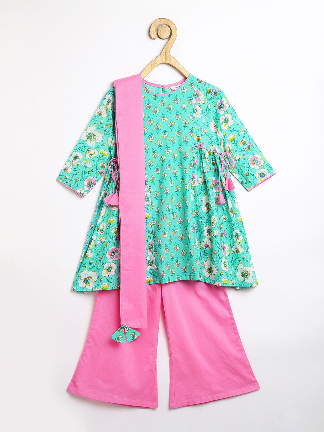 Campana Girls Floral Printed Panelled Pure Cotton Kurti with Palazzos & With Dupatta-picture-29