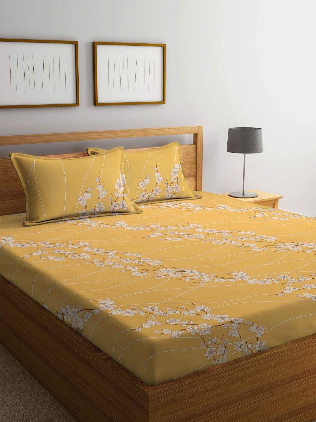 KLOTTHE Yellow Floral Printed Fitted 400 TC Cotton King Bedsheet & 2 Pillow Covers-image-38
