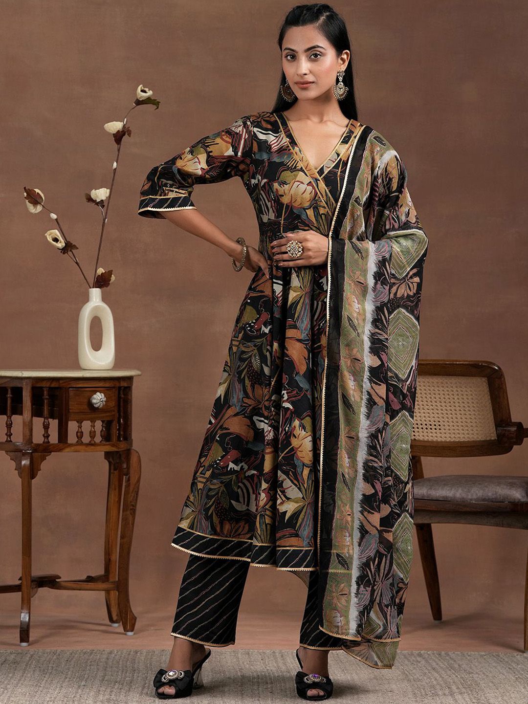 Libas Womens Black Printed Anarkali Kurta With Trousers & Dupatta