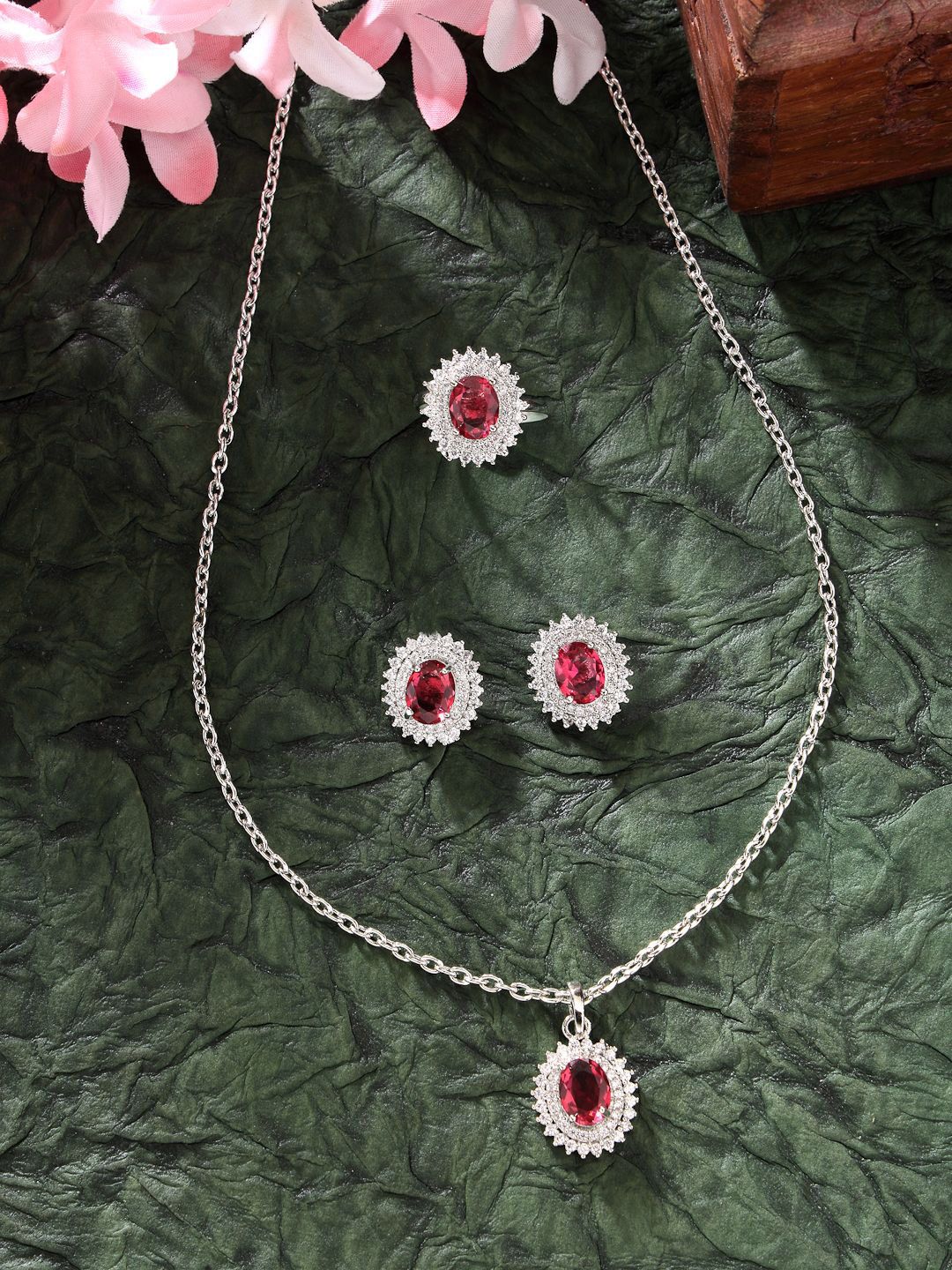 ZENEME Rhodium-Plated AD Stone-Studded Details Jewellery Set-picture-16