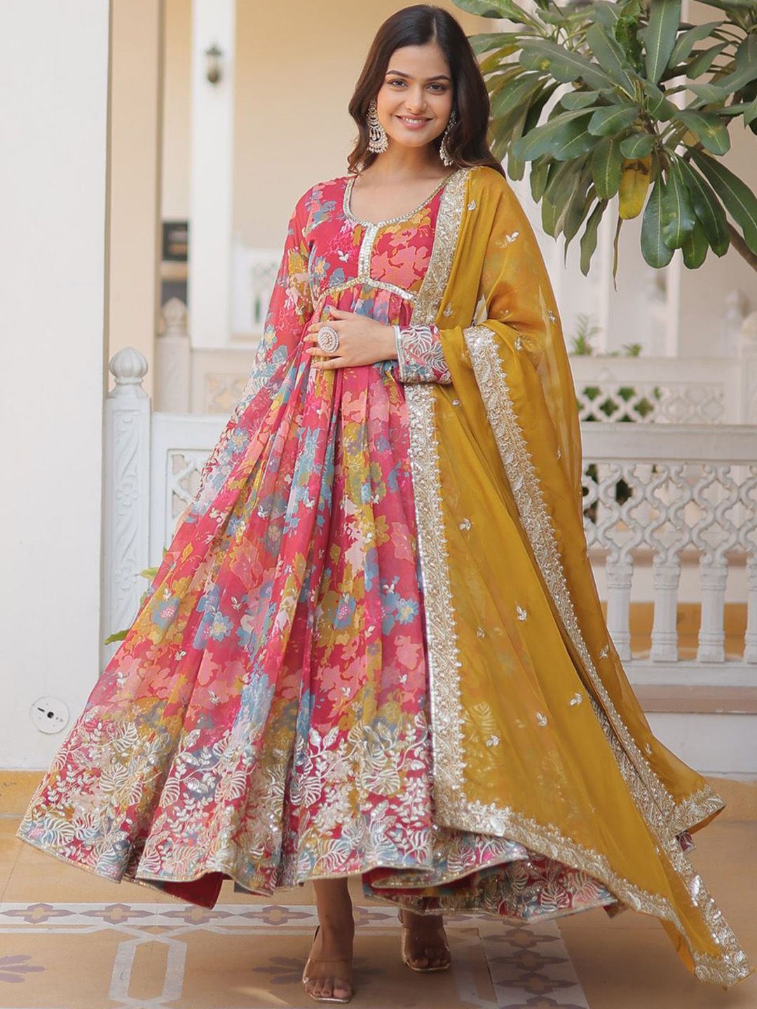 KALINI Embroidered Maxi Gown & Dupatta Set Ethnic Dresses-image-40