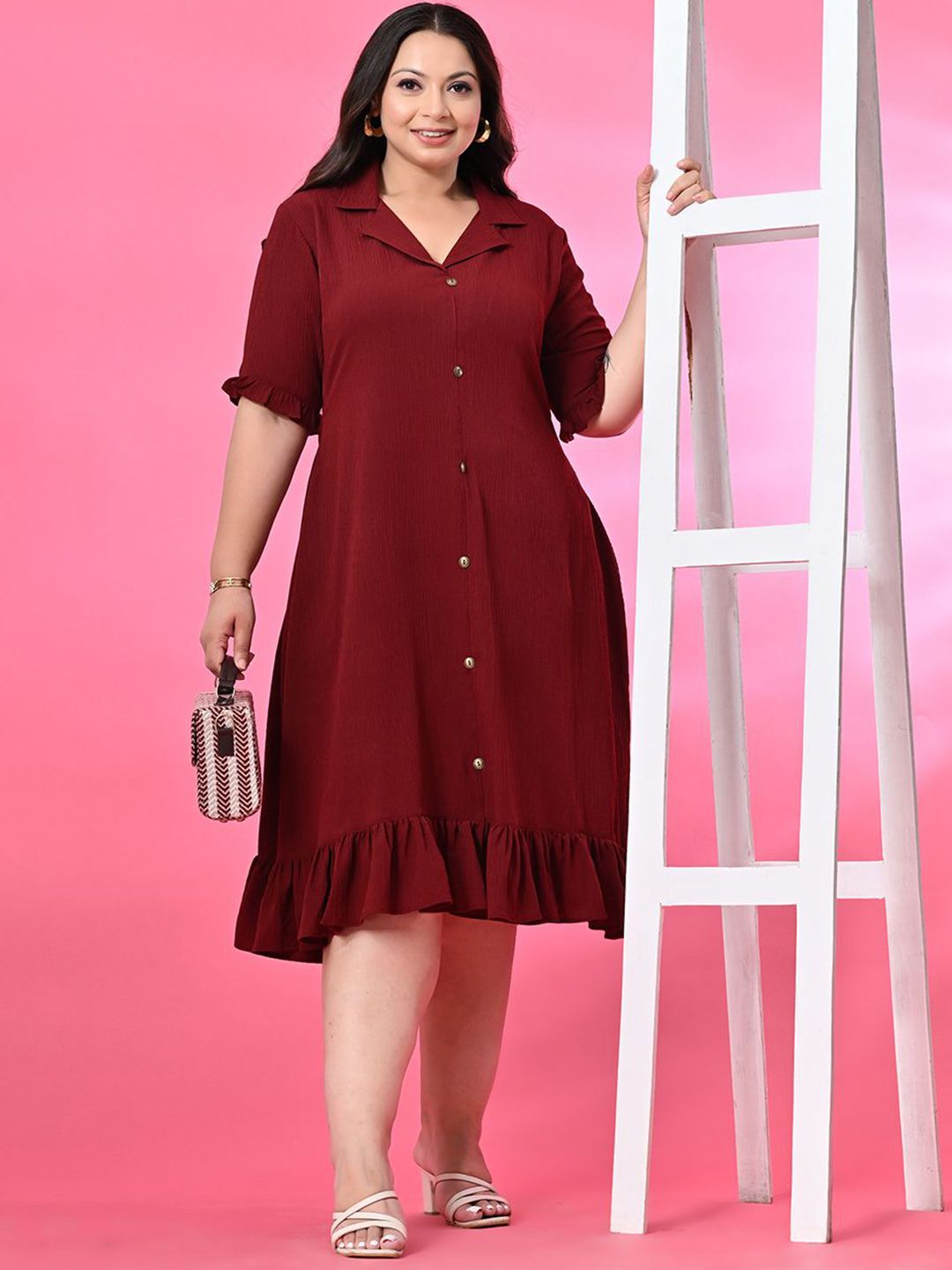 PrettyPlus by Desinoor.com Plus Size  Shirt Collar Crepe A-Line Midi Dress-picture-17