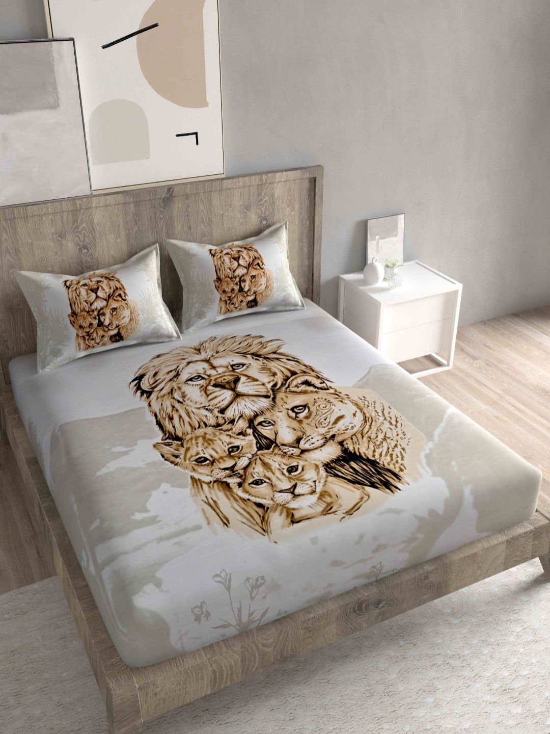 Spangle Beige & Grey Cotton Graphic 260 TC King Bedsheet with 2 Pillow Covers-image-9