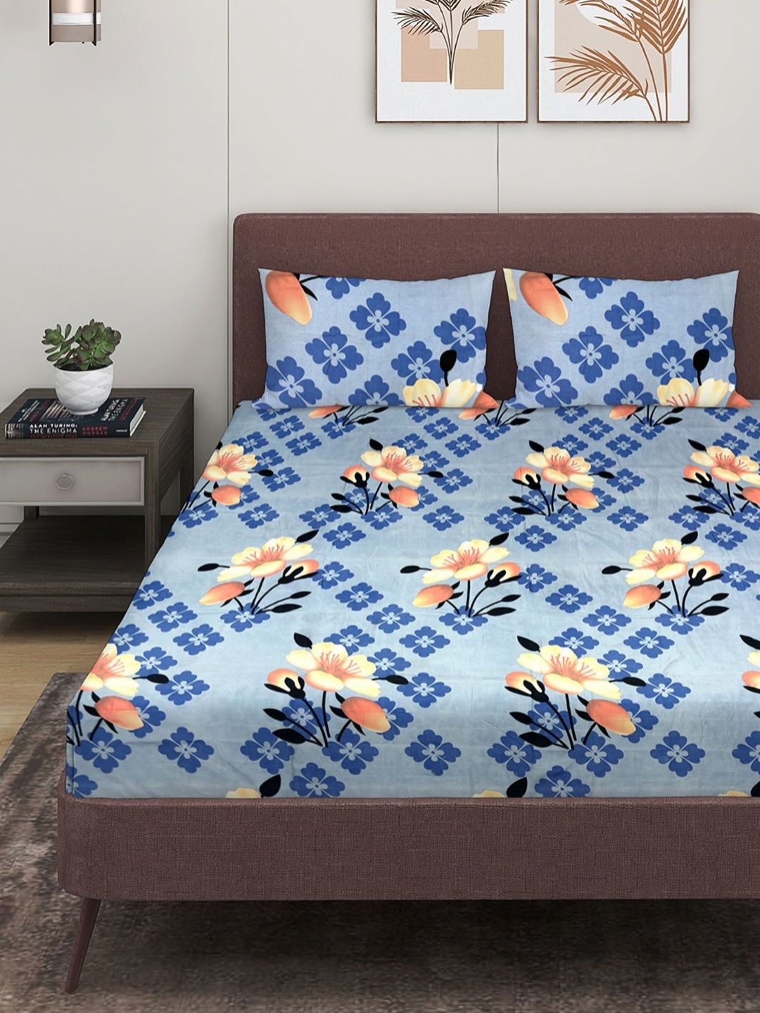 Myntra Elegant Homes Blue Floral Microfiber 144 TC Queen Bedsheet with 2 Pillow Covers-picture-14