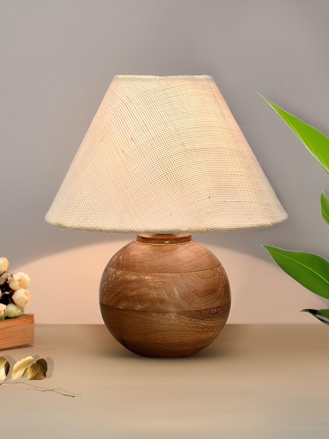 Homesake Beige Wood Traditional Spherical Table Lamp with Bulb-picture-48