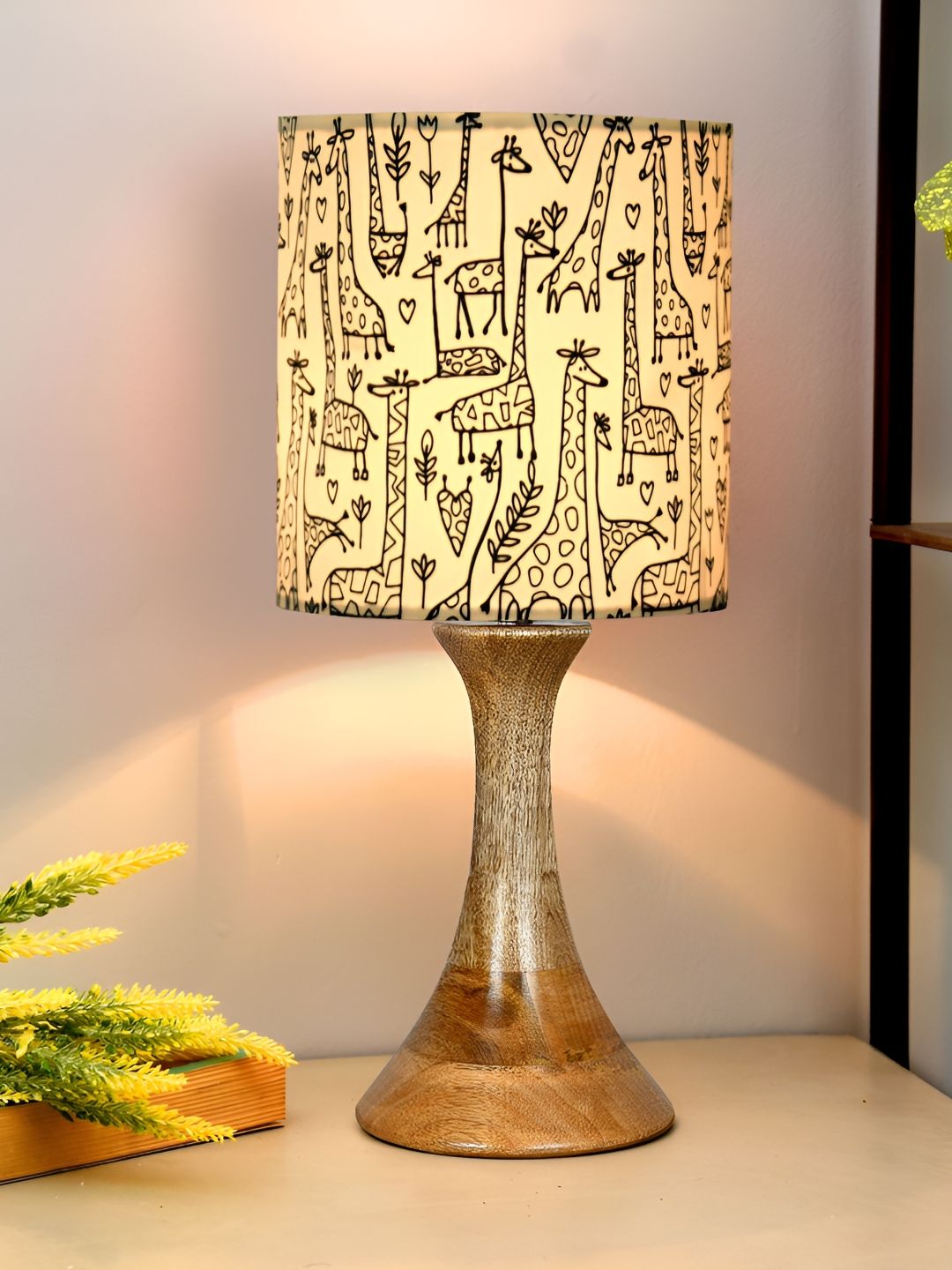 Homesake Yellow Printed Wood Traditional Cylindrical Shaped Table Lamp with Bulb-image-39