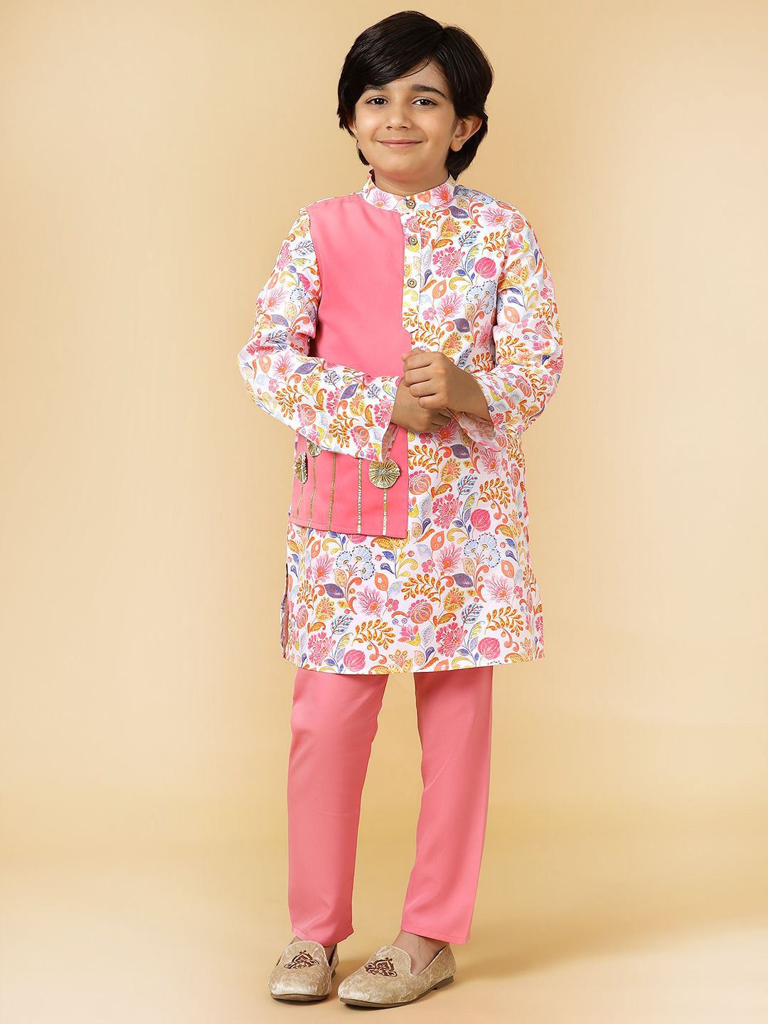 A.T.U.N. Boys Floral Printed Mandarin Collar Straight Kurta with Pyjama-picture-14