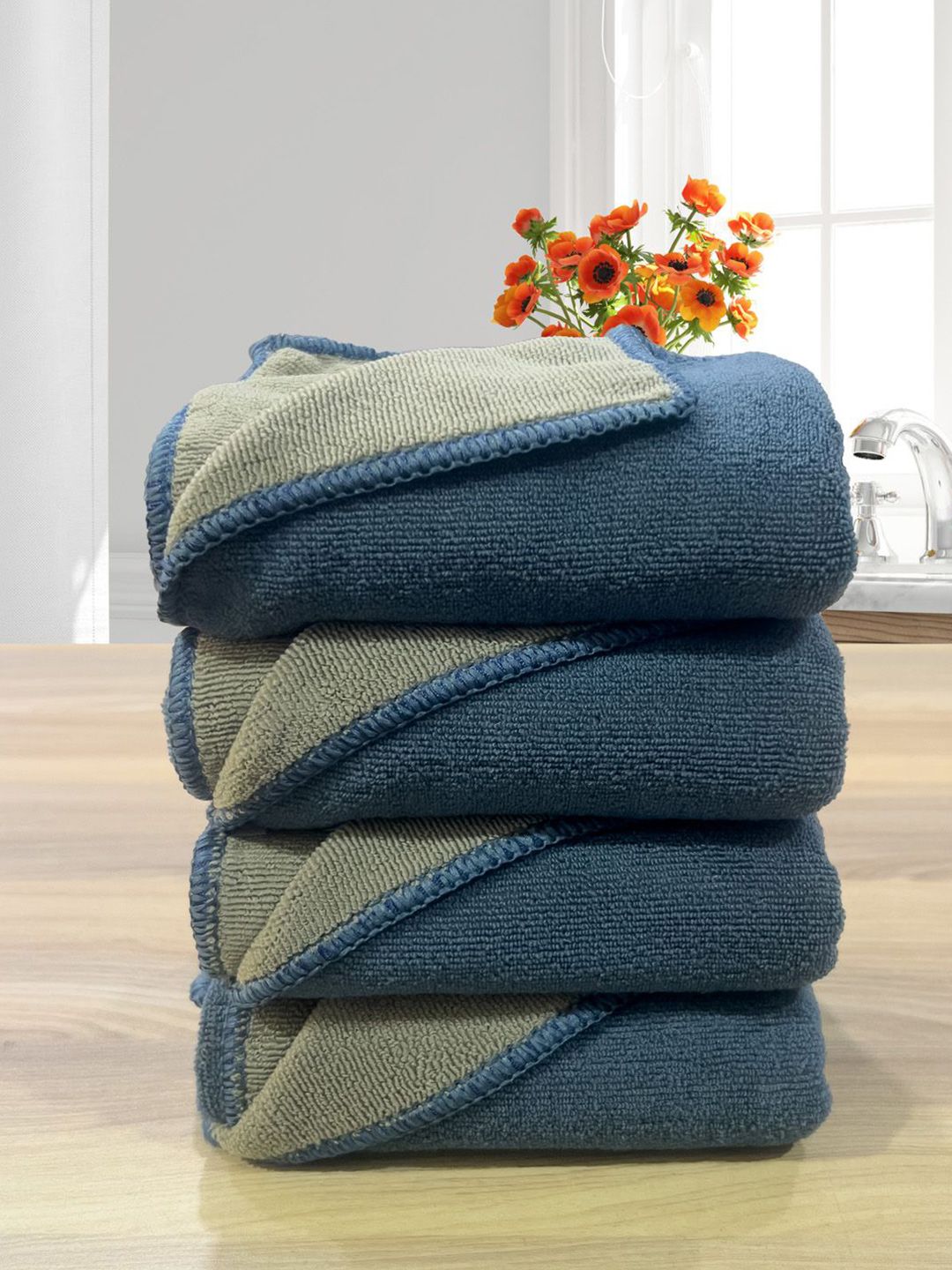 LABHAM LABHAM Blue 4 Pieces Self Designed 450 GSM Cotton Reversible Hand Towels