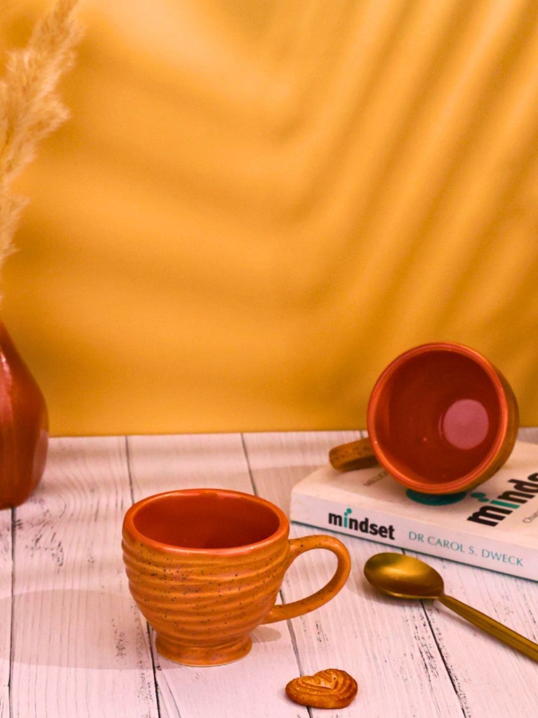 WEAVING HOMES Brown & Red 2 Pieces Textured Ceramic Glossy Finished Cups 150 ml Each-picture-25