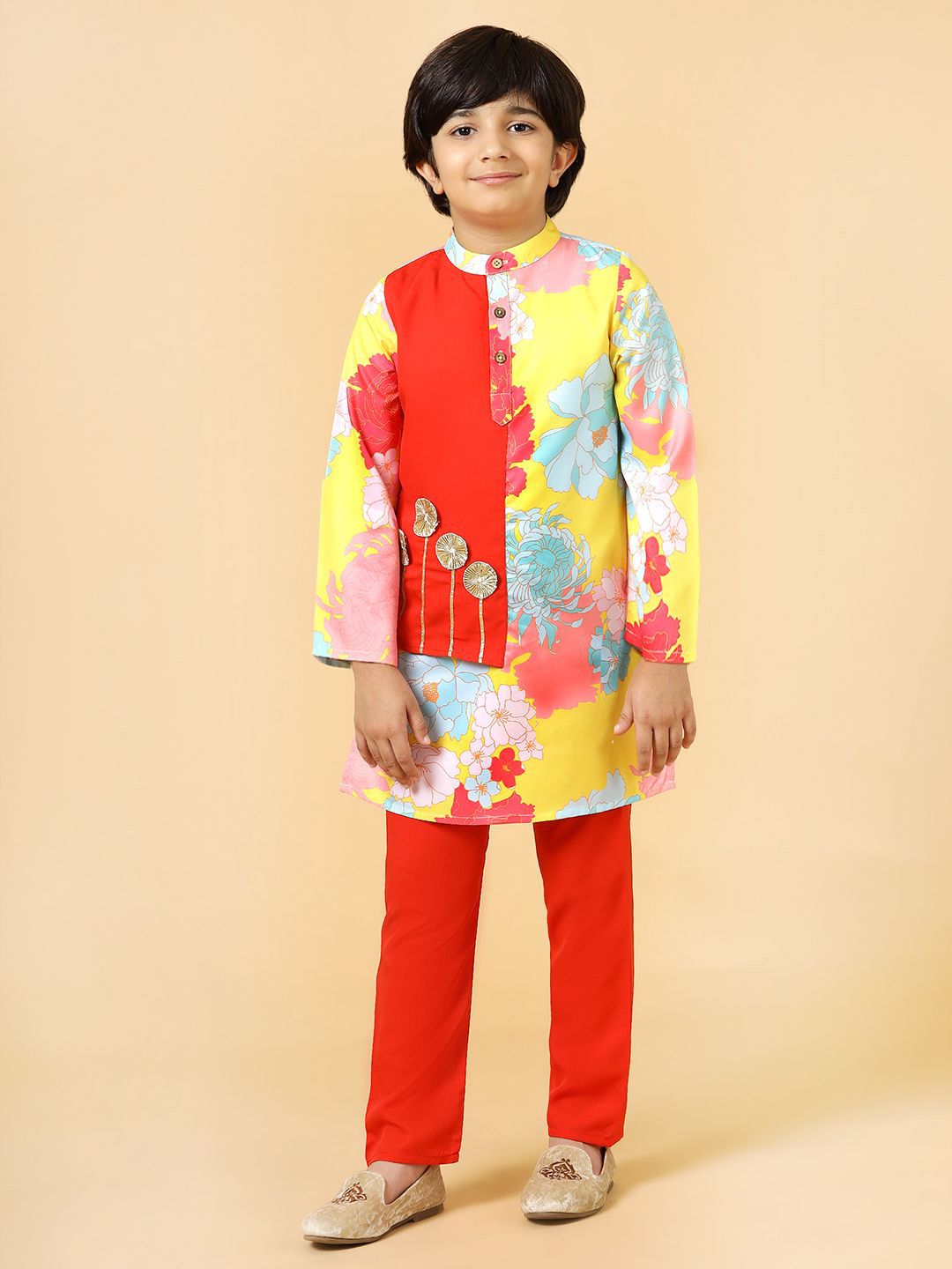 A.T.U.N. Boys Floral Printed Mandarin Collar Straight Kurta with Pyjamas-picture-10