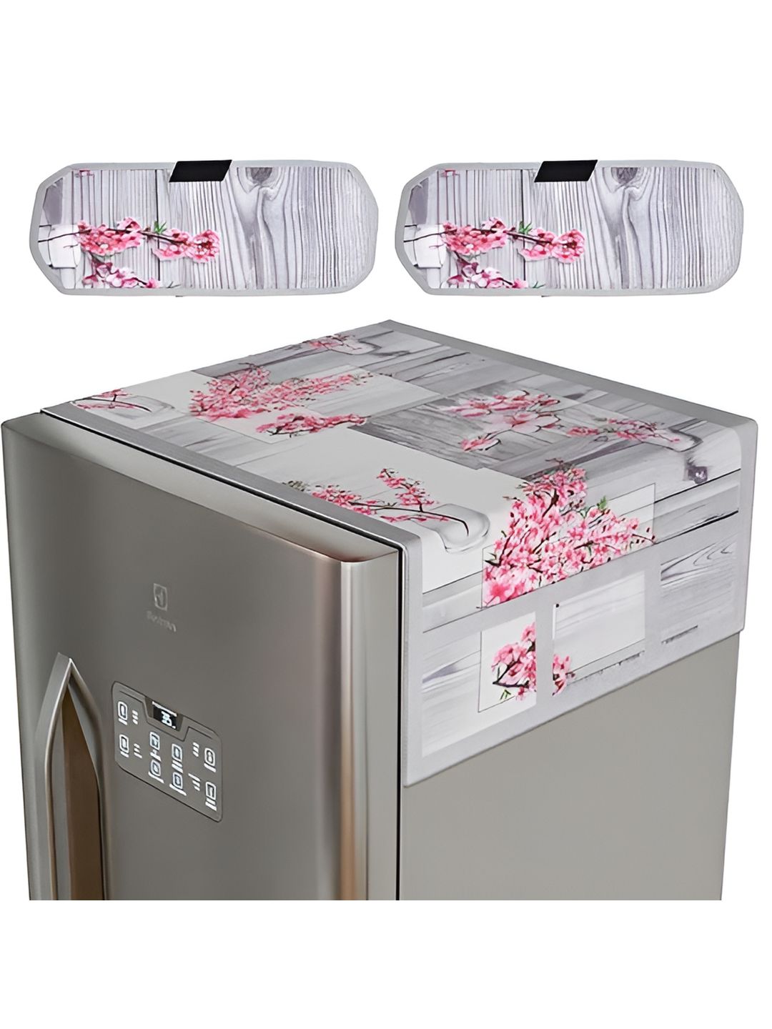 LooMantha 3 Pcs Grey & Pink Printed Fridge Top Cover With Handles-image-18
