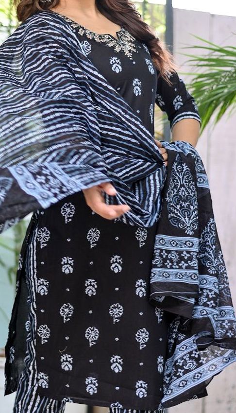 Ethnic Motifs Printed Pure Cotton Mirror Work A-line Kurta & Trousers With Dupatta