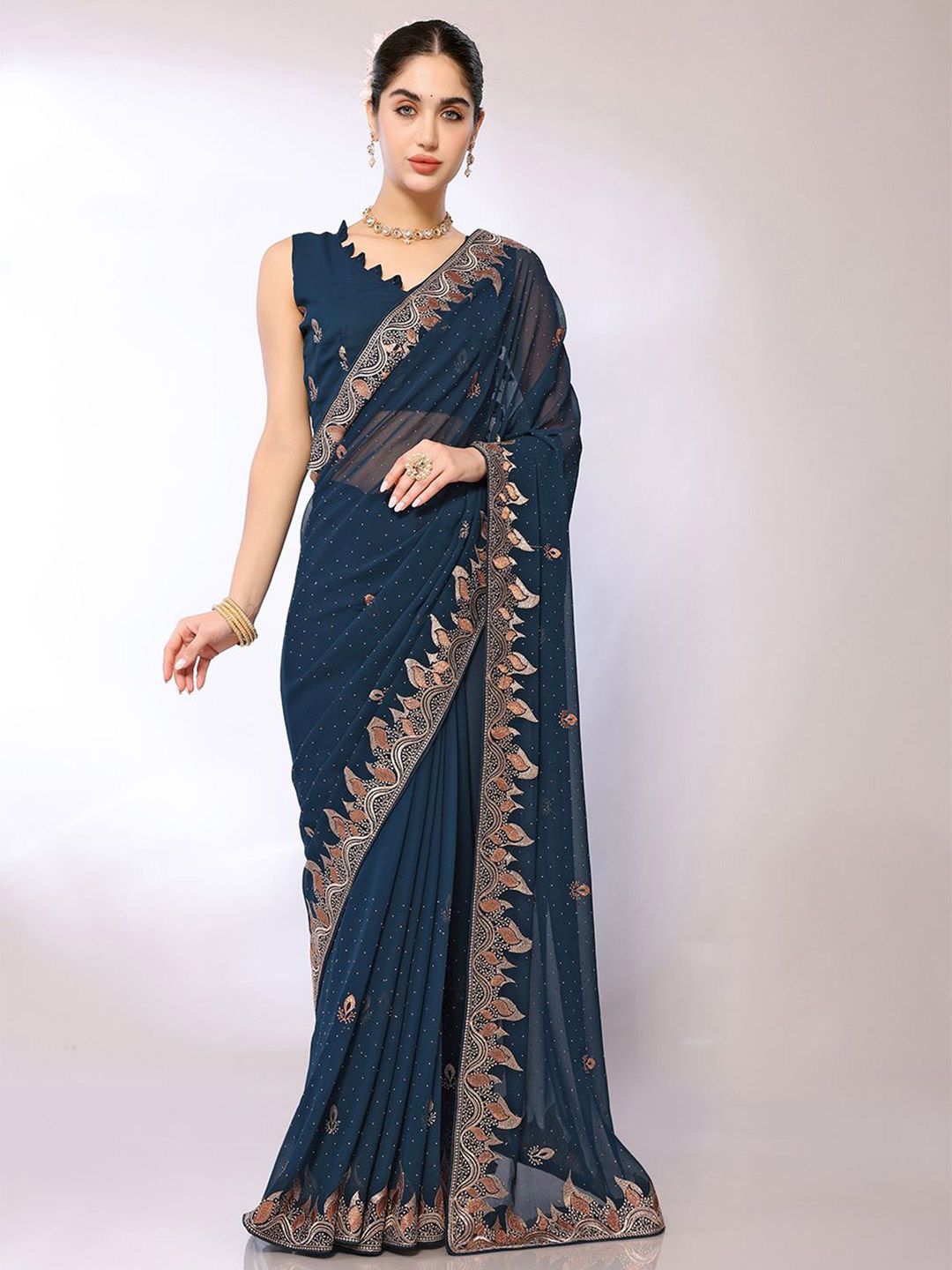 FABMORA Floral Embroidered designer Saree with blouse piece-picture-14