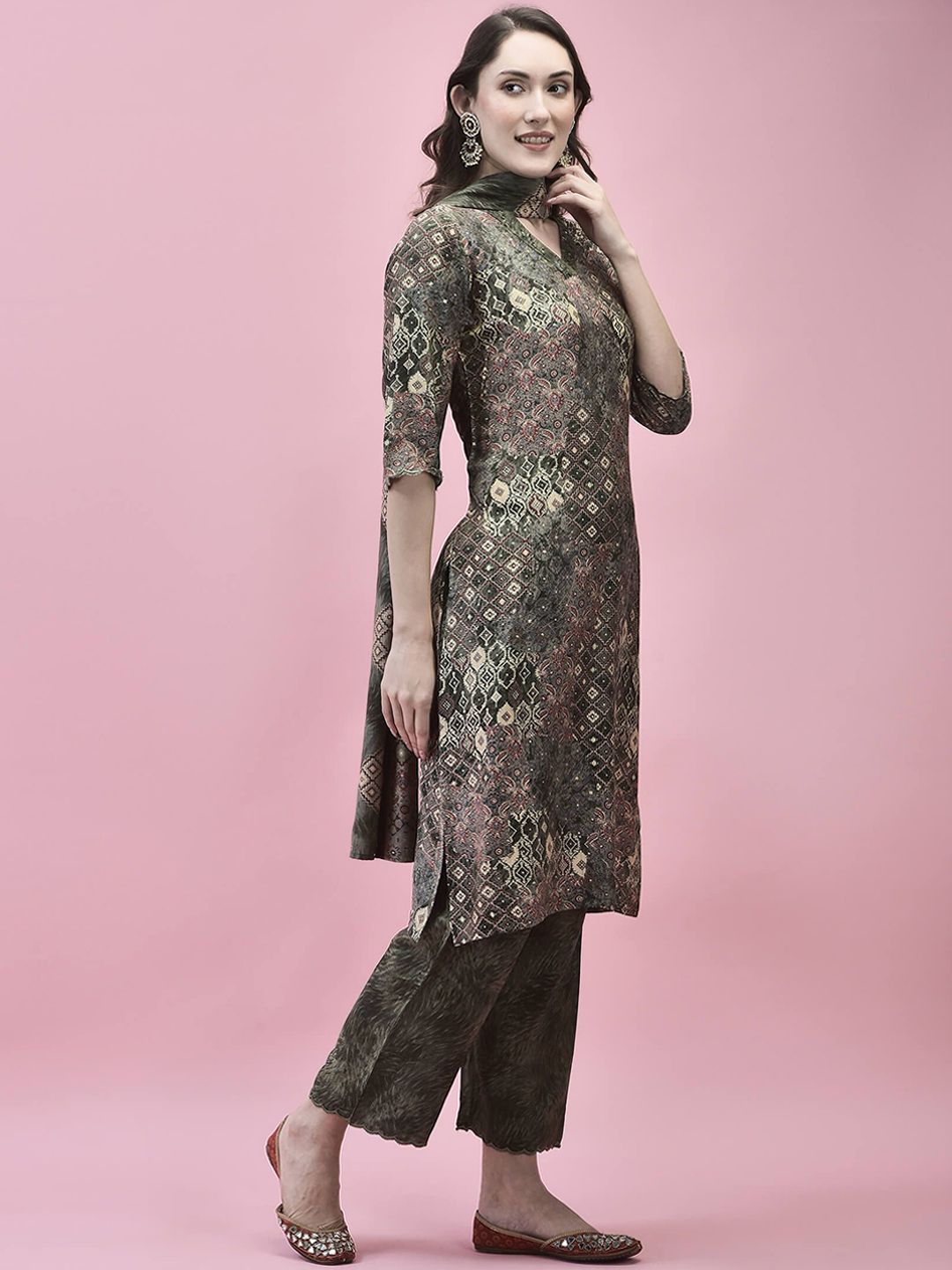 Sequinned Kurta With Trousers & With Dupatta