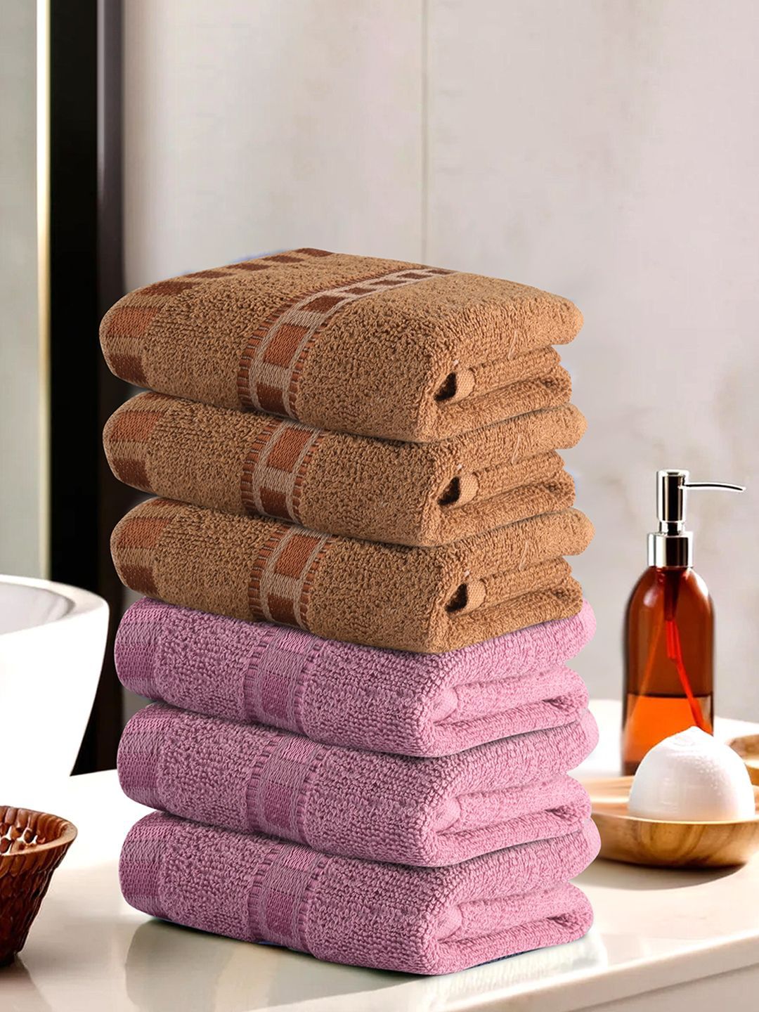 Kuber Industries Brown & Pink 6 Pieces Anti Bacterial 225 GSM Cotton Face Towels-picture-20