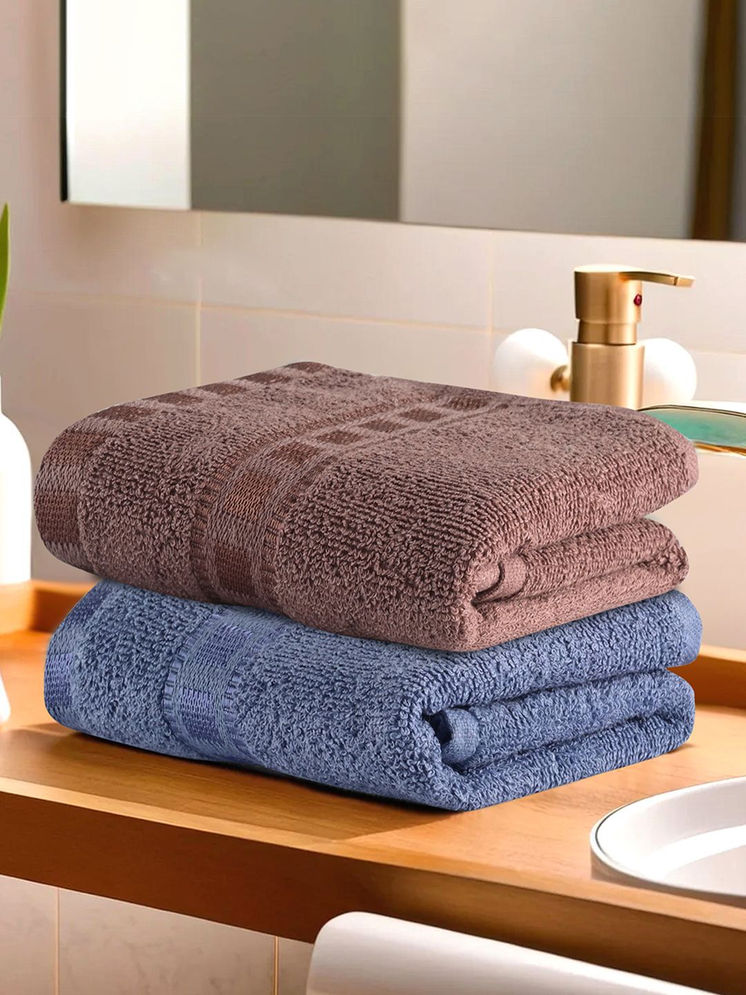 Kuber Industries Blue & Brown 2 Pieces Self Design 225 GSM Cotton Face Towels-picture-40