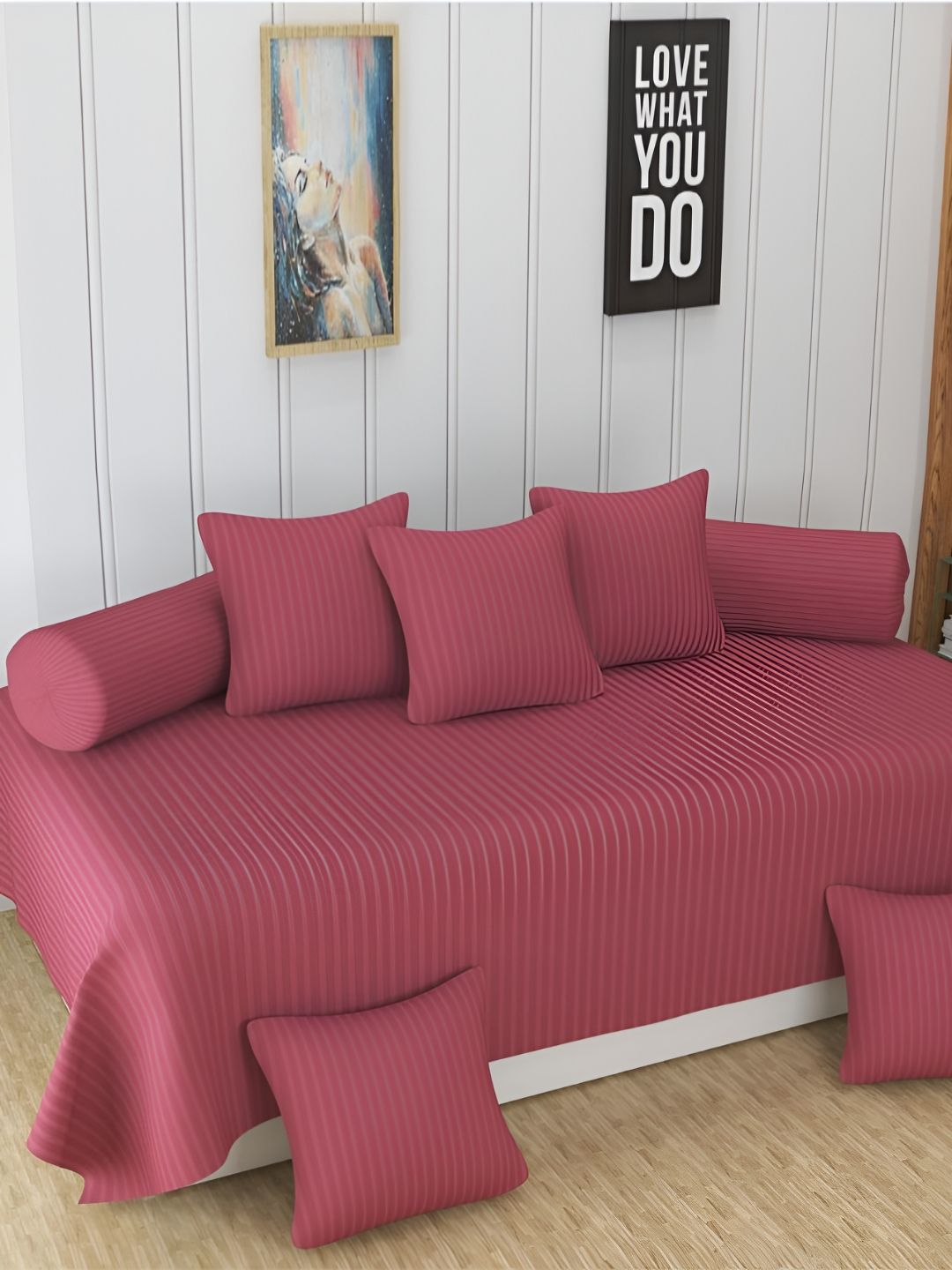 UrbanArts 8 Pcs Pink Striped 400 TC Diwan Set-image-46