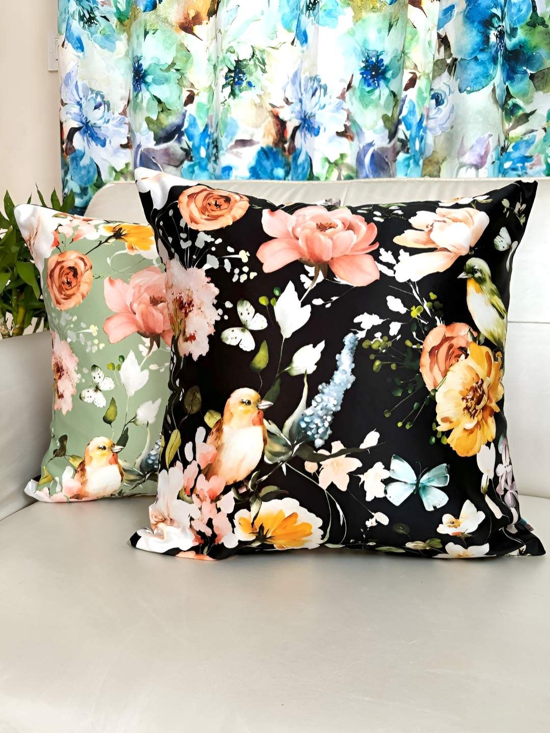 TARA- Sparkling Homes Black & Green Set of 2 Floral Satin Square Cushion Covers-picture-25