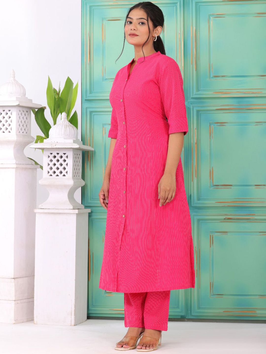 Babyhug Cotton Woven Half Sleeves Striped Mandarin Collar Kurta Style Shirt - Pink