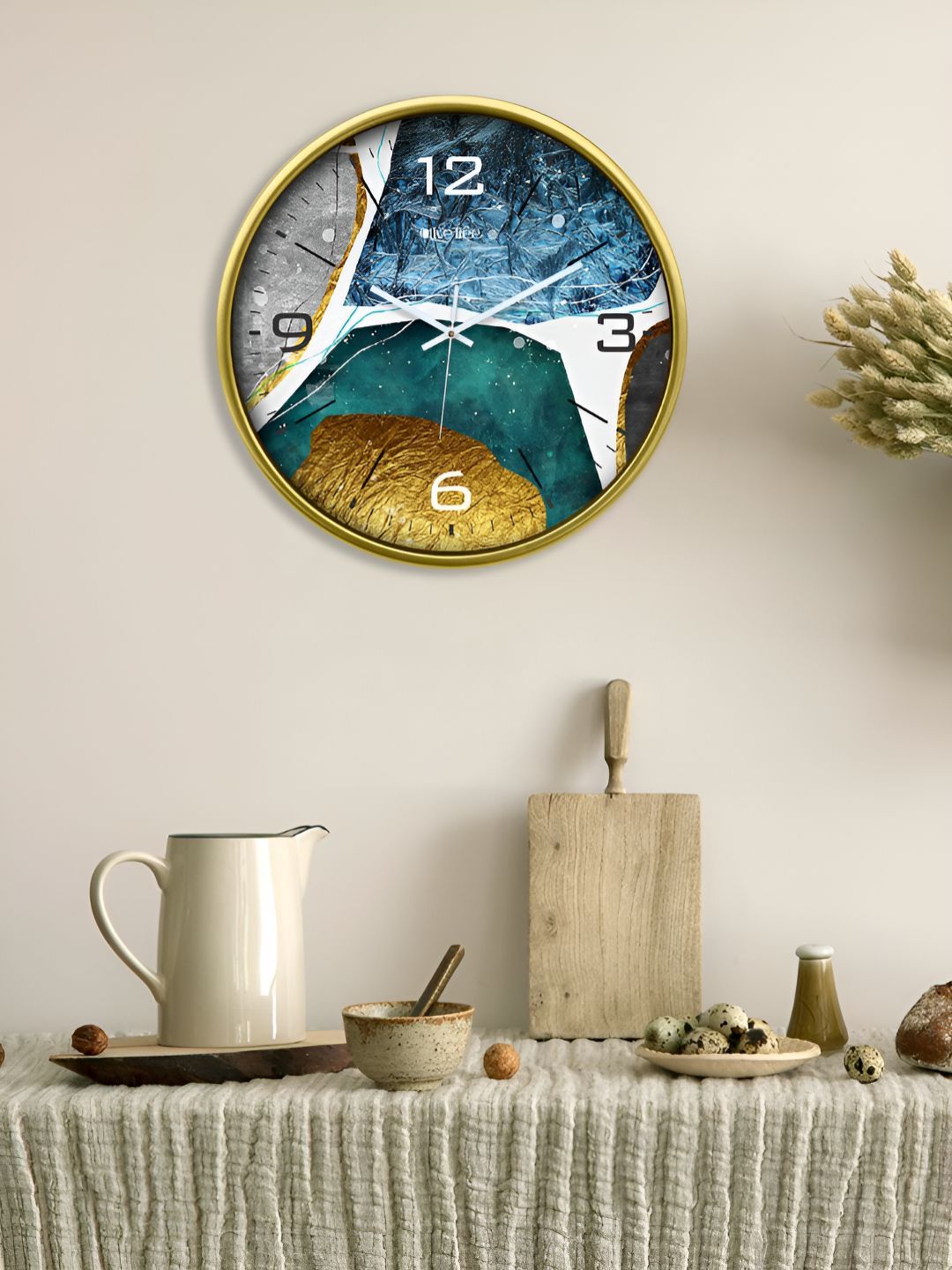 OLIVE TREE Gold-Toned & Blue Printed Contemporary Wall Clock
