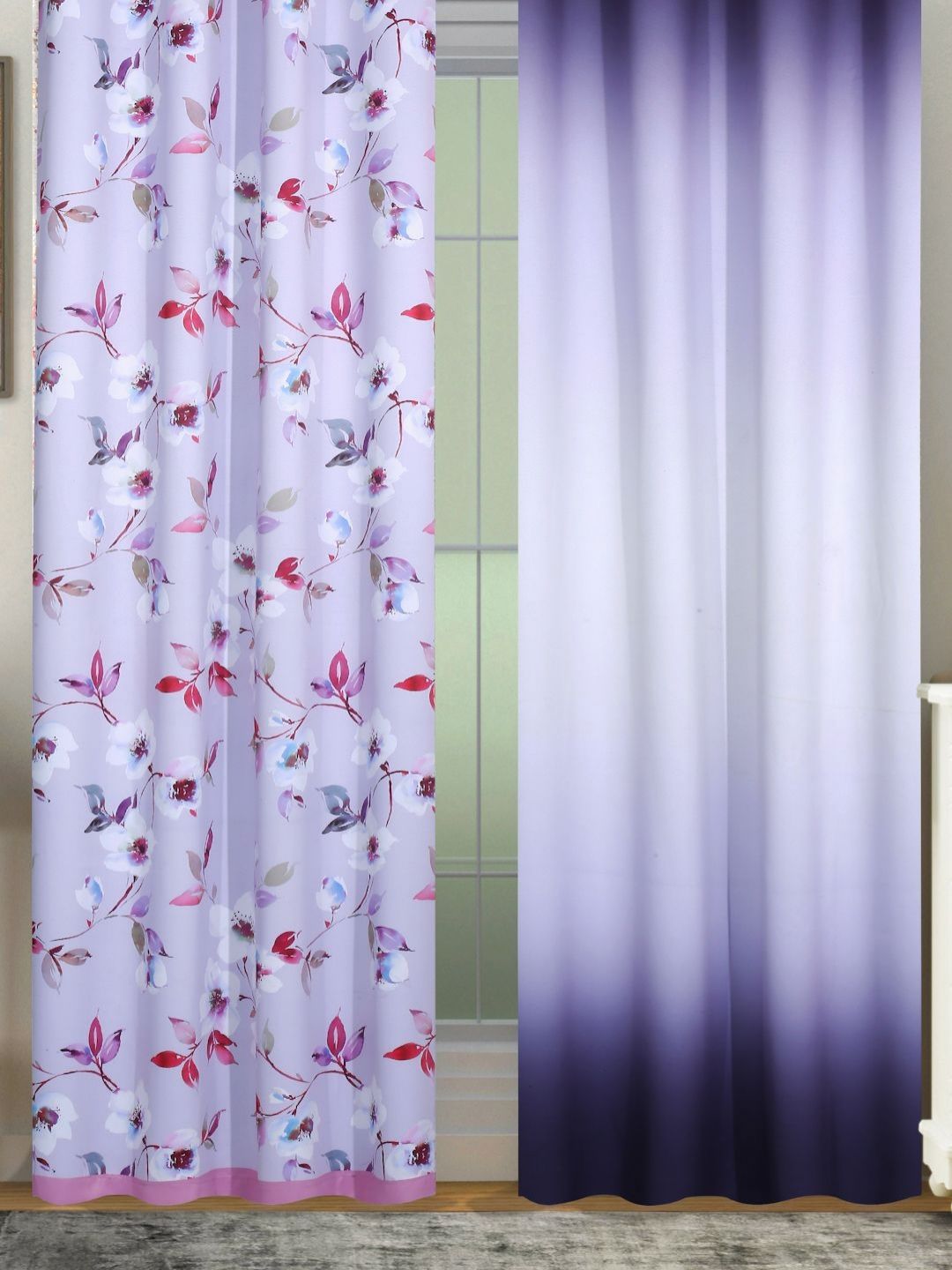 Myntra Elegant Homes Lavender & Red Set of 2 Floral Black Out Long Door Curtain-image-49