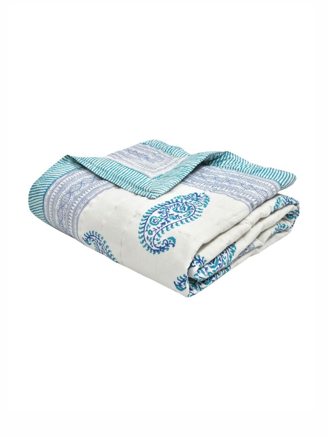 BLOCKS OF INDIA Blue & White Ethnic Motifs Mild Winter 350 GSM Single Bed Quilt-picture-18
