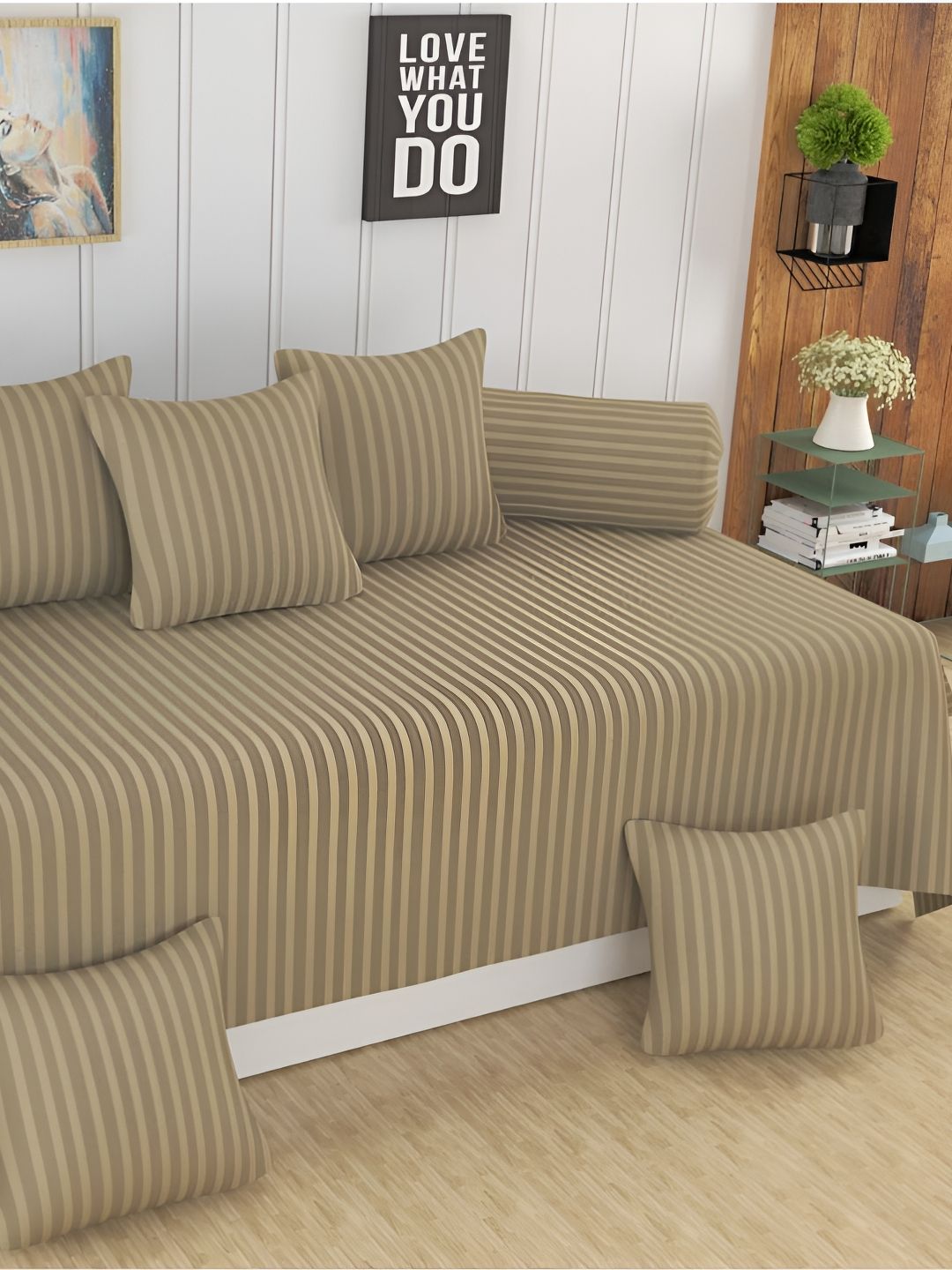 UrbanArts 8 Pcs Beige Colored Striped 400 TC Diwan Set-image-32
