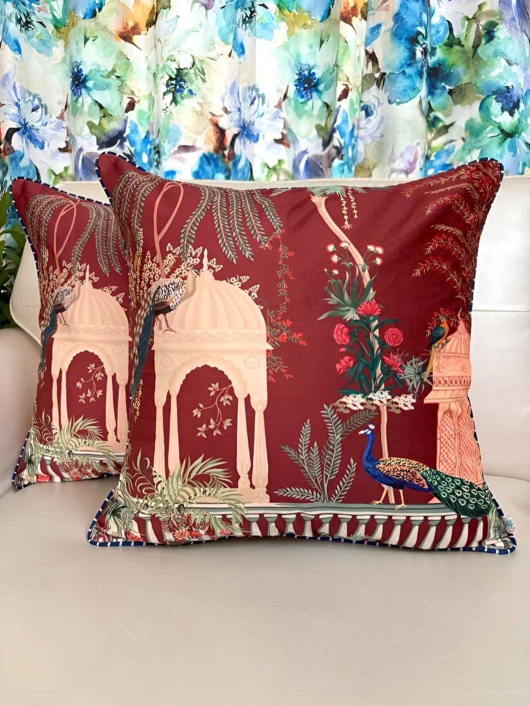 TARA- Sparkling Homes Red & Beige Set of 2 Floral Velvet Square Cushion Covers-picture-46