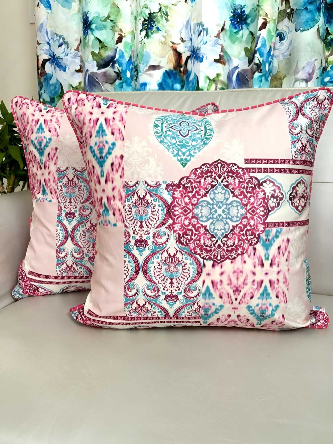 TARA- Sparkling Homes Fuchsia & Blue Set of 2 Ethnic Motifs Velvet Square Cushion Covers-picture-29