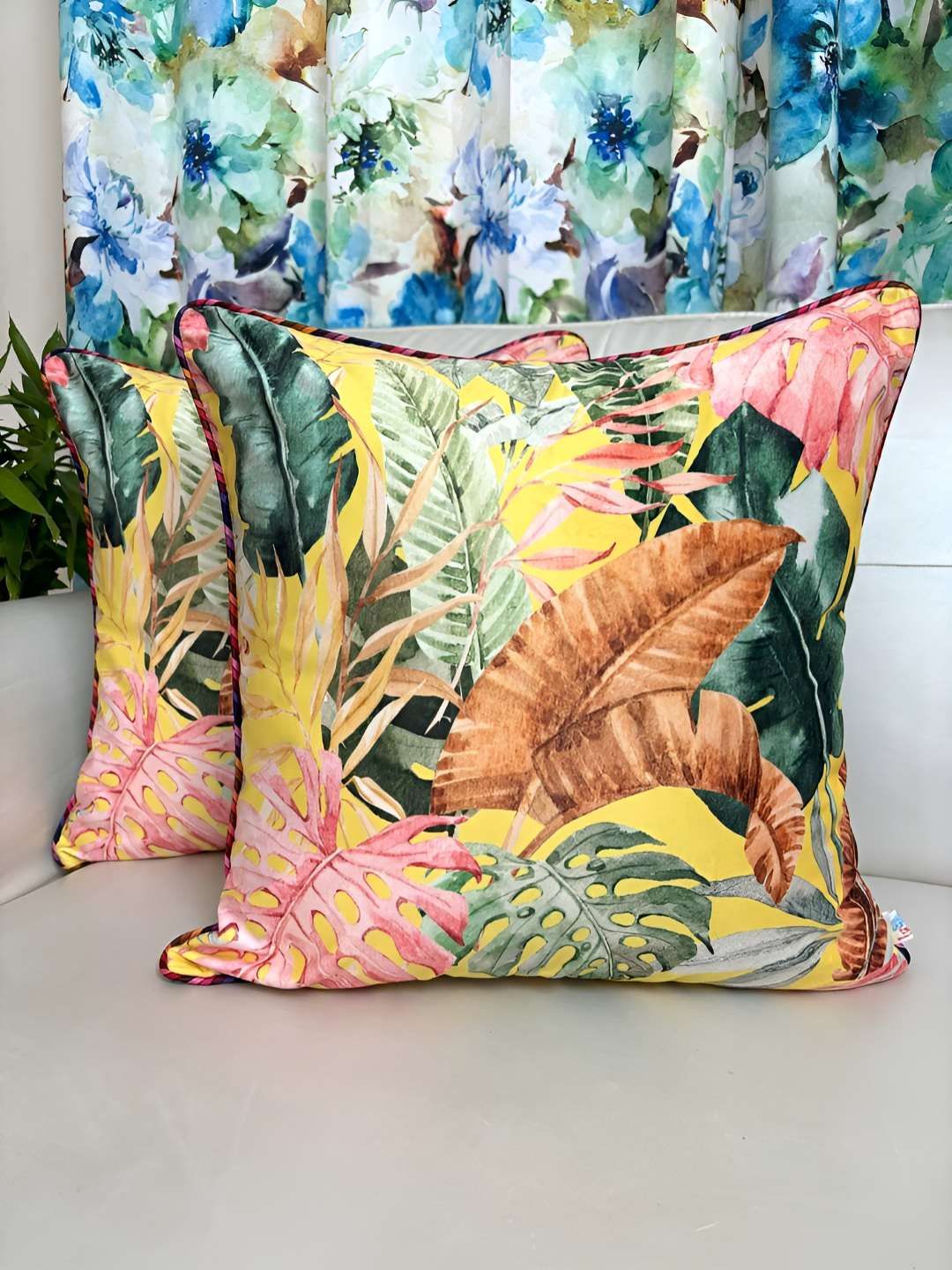 TARA- Sparkling Homes Yellow & Green Set of 2 Floral Velvet Square Cushion Covers-image-41