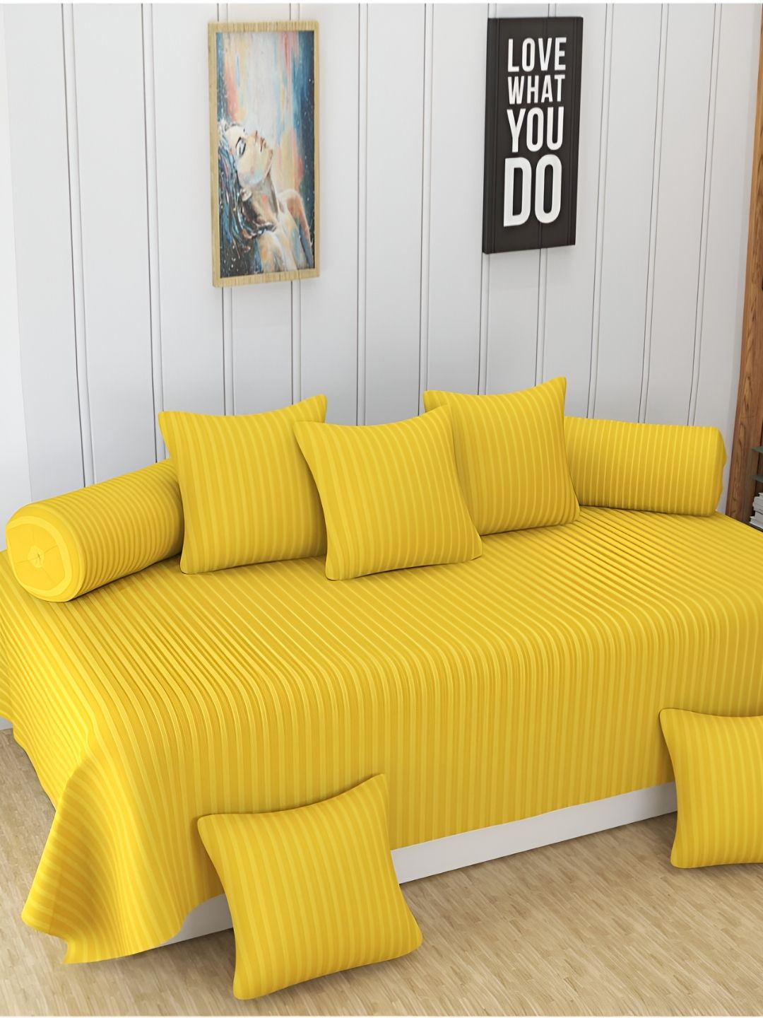 UrbanArts 8 Pcs Yellow Striped 400 TC Diwan Set