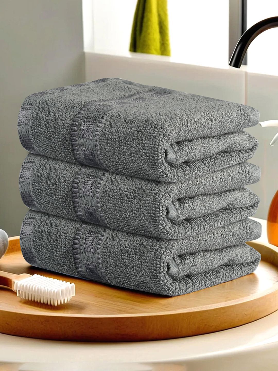 Kuber Industries Grey 3 Pieces Striped Cotton Anti-Bacterial 225 GSM Face Towels-image-26