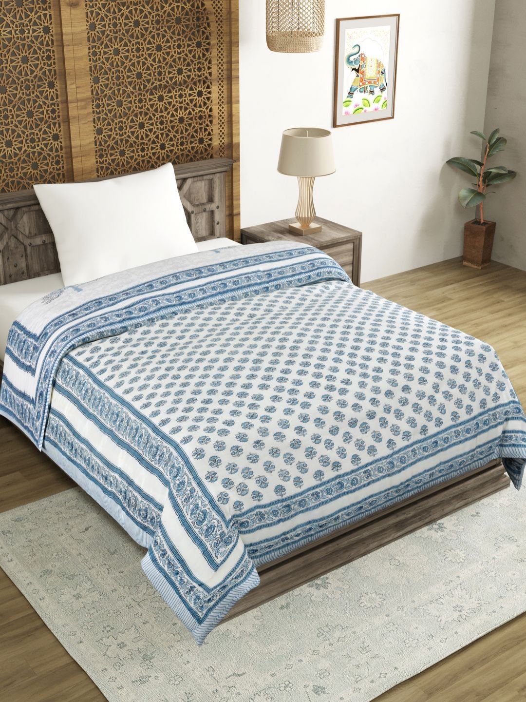 BLOCKS OF INDIA Blue & White Ethnic Motifs Mild Winter 350 GSM Single Bed Quilt-picture-10