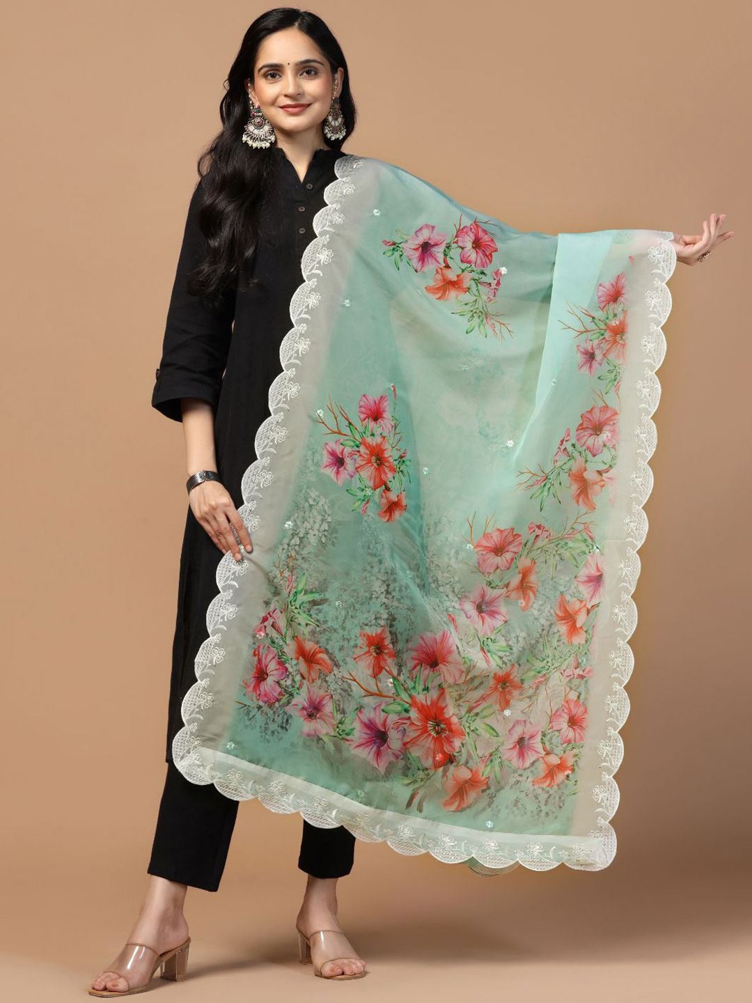 Kaizen TEXO FAB Floral Printed Sequinned Organza Dupatta-picture-30
