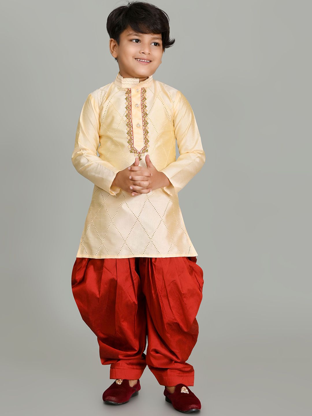 NFC CREATION Boys Ethnic Motifs Embroidered Regular Thread Work Dupion Silk Kurta with Patiala-picture-20